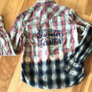 Ombre Bleached Flannel Shirt Upcycled Painted Sweater Weather, Size Small